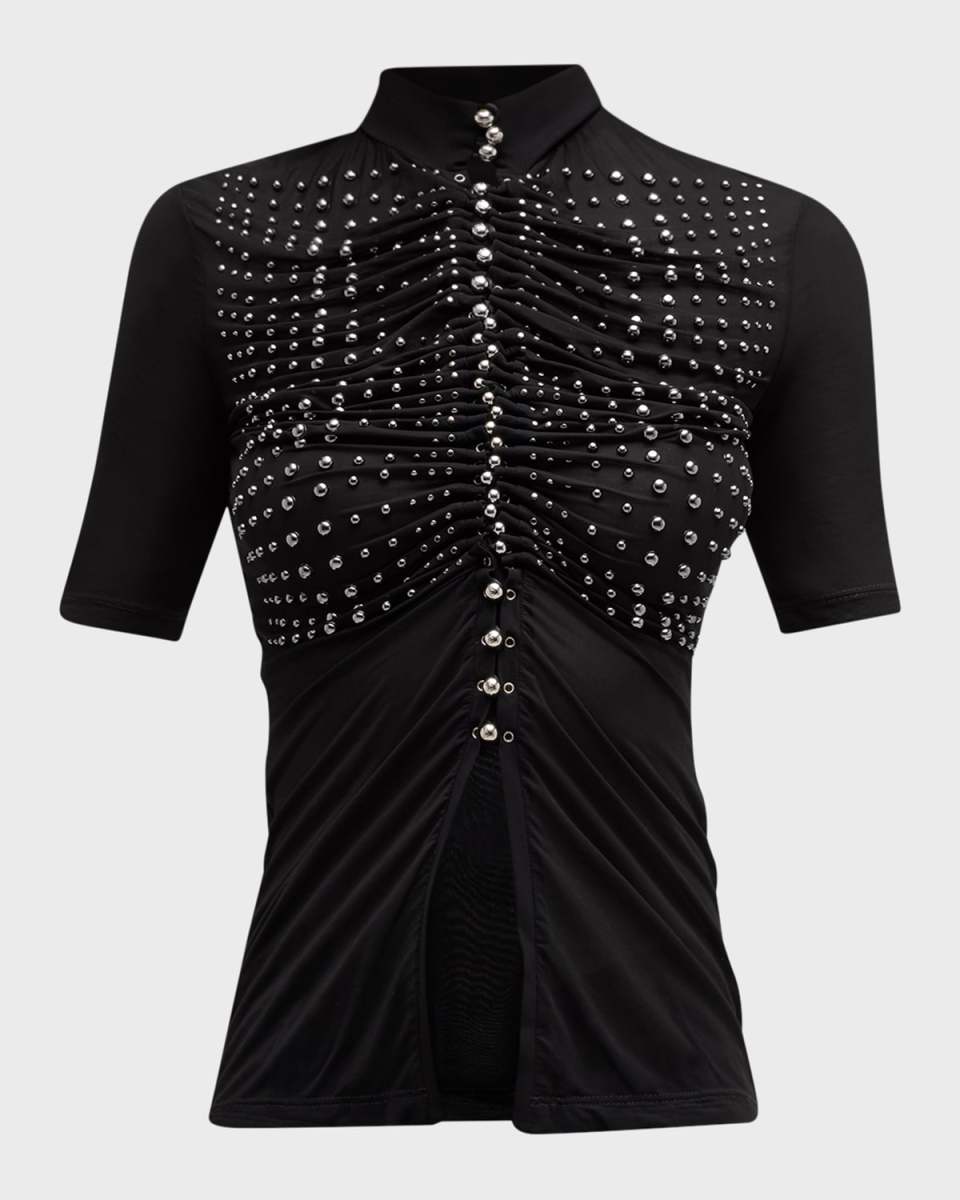Haut Stud Embellished Ruched Short-Sleeve Top